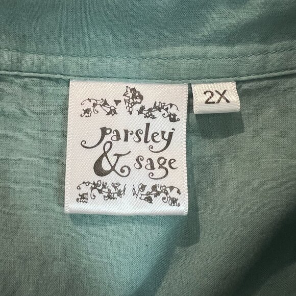 Parsley & Sage Tunic Top Womens 2X Green Blue Mixed Media Embroidered Button Up - Picture 14 of 15